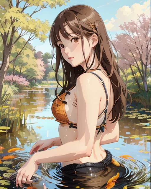 Brown Haired Women A Pond Goldfish AI Photo Generator Starryai