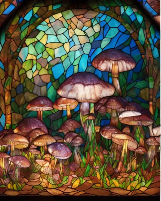 Beautiful Stained Glass Mushrooms Art AI Photo Generator Starryai