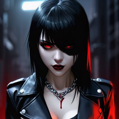 Cartoony goth girl short black hair with red eyes, tattoos