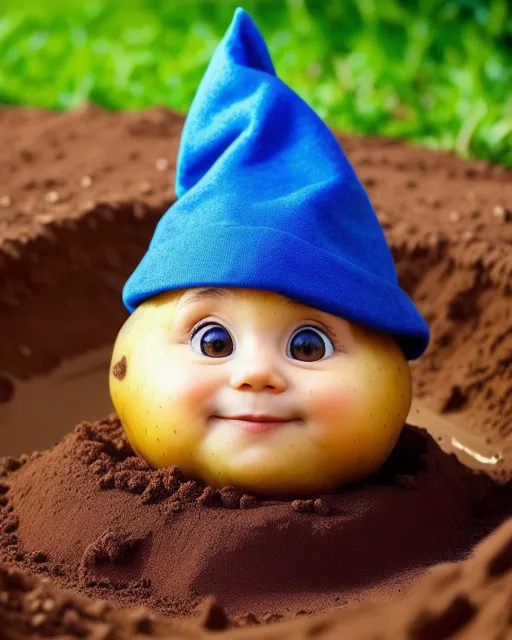Mad Potato dressed like a gnome, digging hole, water