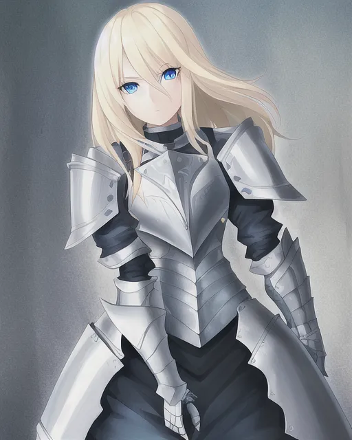 Blond girl with blue eyes wearing a suit of armor 