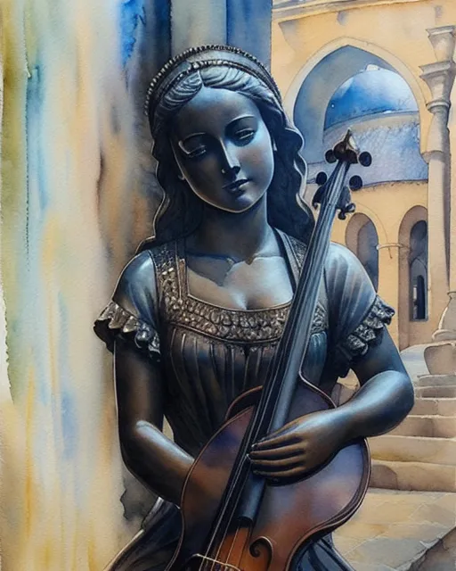 Beautiful chiseled statue of a young woman holding a lute, post impressionist, beautiful watercolor painting,  realistic,  detailed,  painting by olga shvartsur,  svetlana novikova,  fine art,  soft watercolor, lightwave