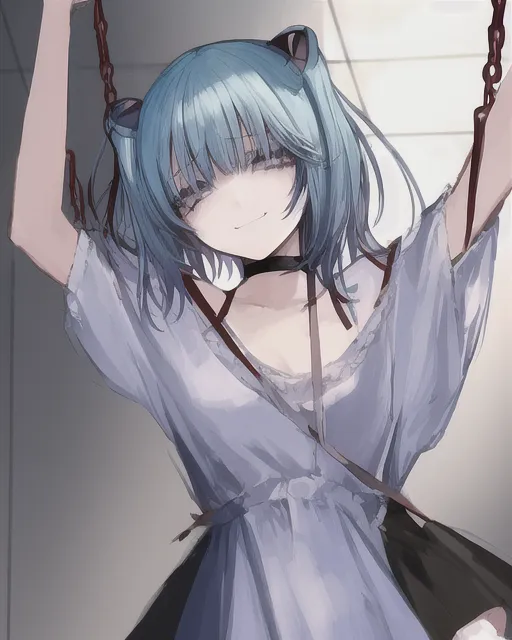 Sad depressed anime girl smiling chaotically, hanging her self by the neck ,from the ceiling 