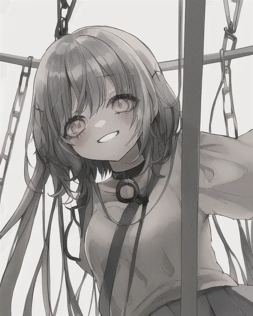 Sad depressed anime girl smiling chaotically, hanging her self to death by the neck ,from the ceiling 