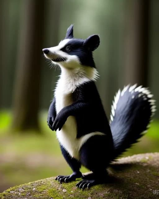 Pepé Le Pew, full body, depth of field, muted colors, bokeh, in the fantasy 
mystical forest, raw photo, dslr, realistic, realistic, dark, epic, extremely intricate details,  intricate details, hdr, hyperdetailed, realistic, detailed,  