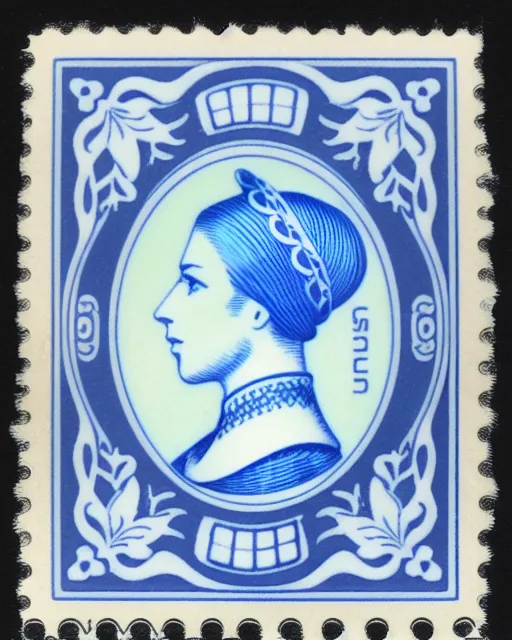 Vintage cancelled stamp with blue Willow plate pattern 