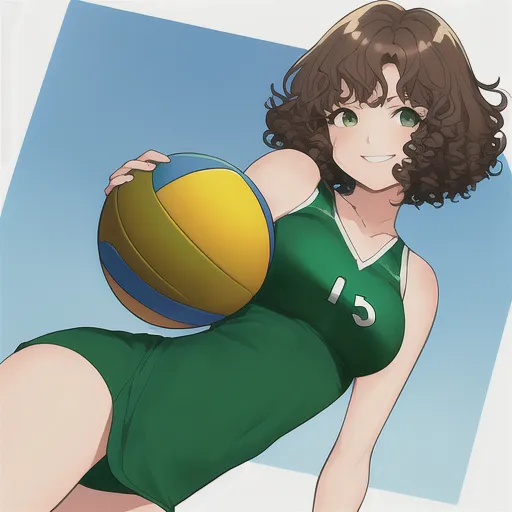 brown short curly hair girl green eyes smiling with a blue short dress playing with a volleyball