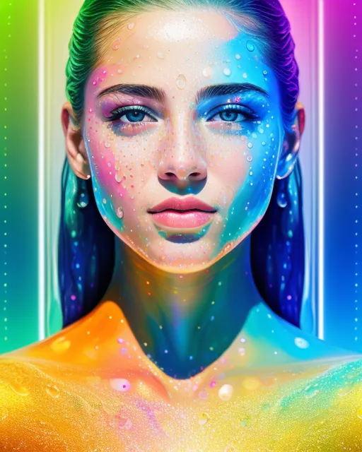 A woman, amazingly fluid, detailed, light particles, water drops, shimmering rainbow golden light, digital painting,  digital illustration,  extreme detail,  digital art,  4k,  ultra hd