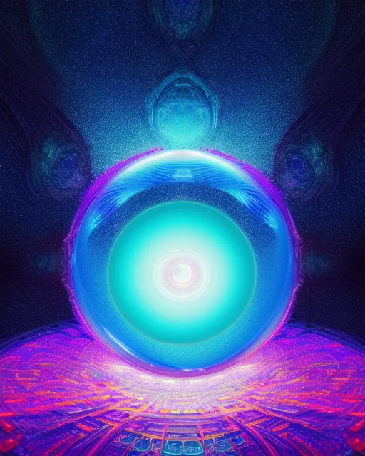 A 8k resolution high definition and detailed beautiful vortex of vivid bright neon light spilling into reality that is mathematically fractals changing direction half way point use advanced techniques to create shadow and depth all portrayed in a crystal clear glass sphere in a blue cloudy sky