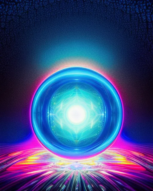 A 8k resolution high definition and detailed beautiful vortex of vivid bright neon light spilling into reality that is mathematically fractals changing direction half way point use advanced techniques to create shadow and depth all portrayed in a crystal clear glass sphere in a blue cloudy sky