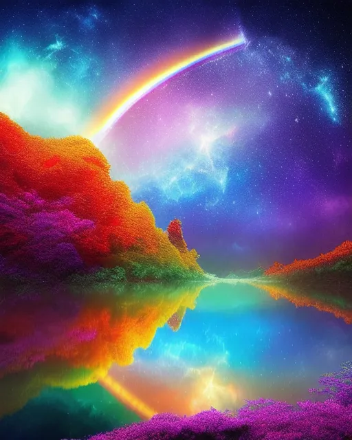 Beautiful worlds of bliss,rainbows,supernova in sky,river,exotic color,extreme detail,  digital art,  4k,  ultra hd,  detailed,  vibrant,  sharp focus,  wlop,  unreal engine, beautiful fantasy landscape,  realistic and natural,  cosmic sky,  detailed full-color,  nature,  hd photography,  realistic surrealism,  elements by nasa,  magical,  detailed,  gloss,  hyperrealism