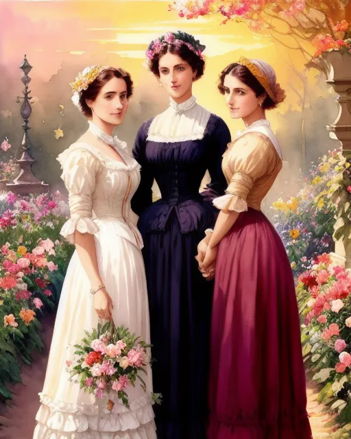 A mature woman and two young girls in a flower garden, sunset, Victorian clothes, happy, holding hands, ornate fountain, lovely hair, smiling, Paul Emile Vernon, dynamic pose, Highly Detailed, Digital Painting, hyper detailed eyes, Elegant, Portrait, Beautiful, Colourful, Watercolor,  beautiful watercolor painting, detailed, fine art