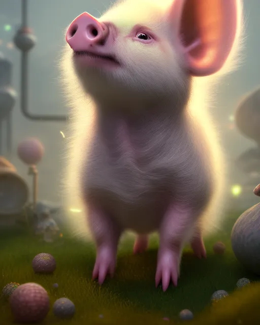 tiny cute baby pig enchanted character, soft fur, sparks glowing, full luminous creature, in the whimsical farm, volumetric lighting, hyperrealism. , trending on artstation, sharp focus, studio photo, intricate details, highly detailed, by greg rutkowski, trending on artstation, sharp focus, studio photo, intricate details, highly detailed, by greg rutkowski