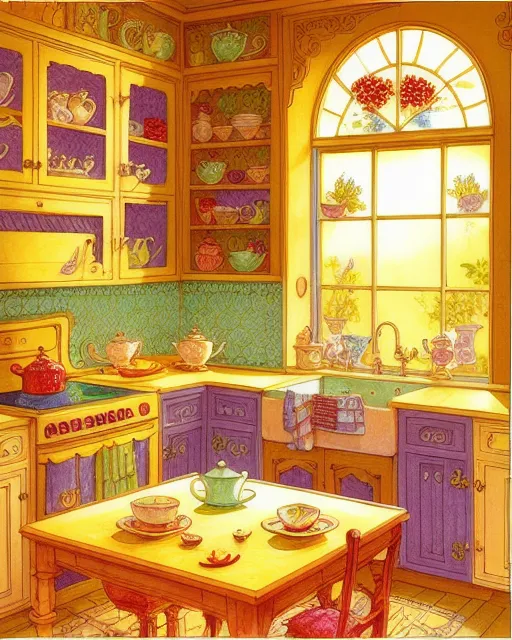 Tea time kitchen, , storybook illustration, radiant, colorful, intricate, detailed, hyperdetailed, elaborate, whimsical, sunny