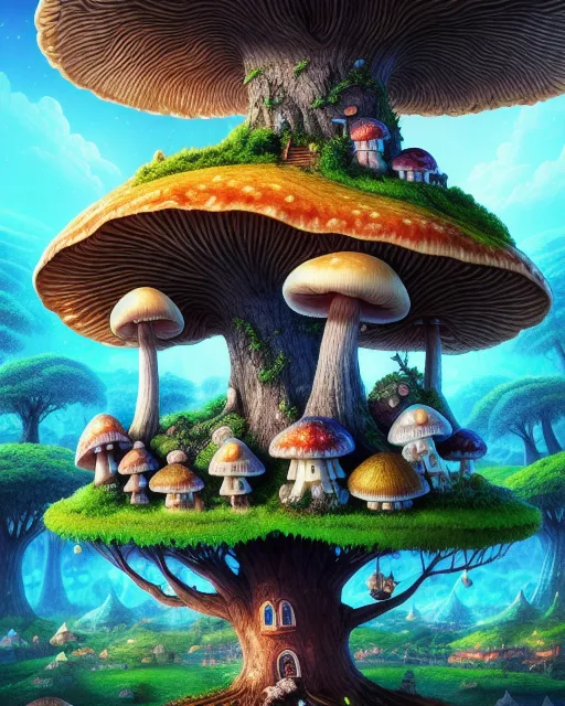 Mushroom village top a giant - Free AI Photo Generator - starryai