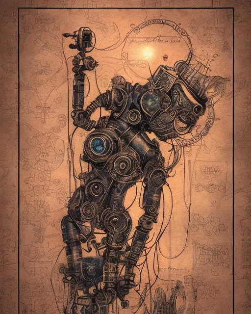 flare, by gaston bussiere,  dslr, poster, steampunk blueprint, soft shadow, ballpoint pen, ambient blue lights,  funny art, hanging vines, gold, tattoo, splatter paint, steampunk robot