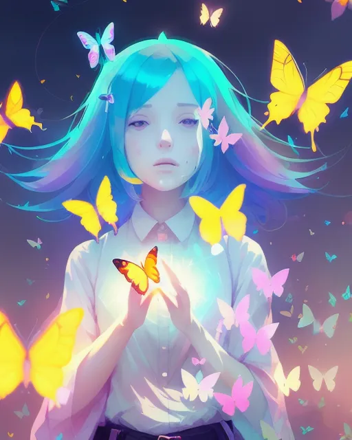 Pale girl summoning butterflies, beautiful, colorful, holographic, detailed, ismail inceoglu, pixiv polycount art