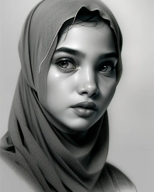 ,shy young muslim woman in mood, graphite pencil drawing,  realistic,  natural,  b&w illustration,  fine art, hyperrealism, detailed, pencil drawing, charcoal portrait drawing,  realistic face and neck,  detailed,  charcoal portrait by artgerm,  ilya kuvshinov,  charles miano,  charcoal sketch,  fine art, 