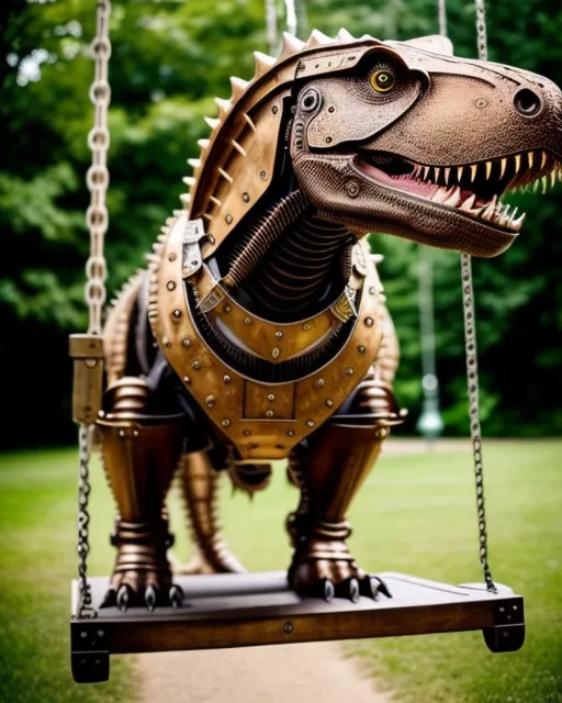 a gorgeous steampunk t-rex on a swing, cyborg, highly detailed eyes and face,   steampunk style, ((intricate details)), photo realistic, 16k, ((insanely detailed))