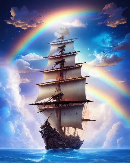 Flying fantasy pirate ship in the sky world of b  starryai