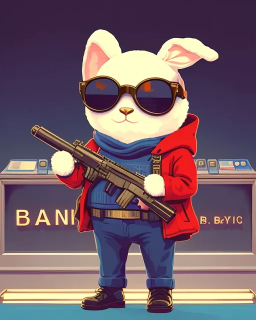 plush rabbit with gun and sunglasses in front of bank robbing 8k, beautiful, at night