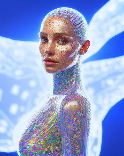 Off centered portrait of beautiful lady in insanely detailed translucent crystal white dress, tilted angle, holographic, sci-fi, 8k, 3d, karol bak, wlop, detailed, hyperdetailed, trending on artstation, octane render, , franz von holzhausen, henrik fisker, space age design, colourful lighting, hyperrealism, yanjun cheng, johan grenier, futurism, extreme long shot, futuristic, glowing neon, galactic