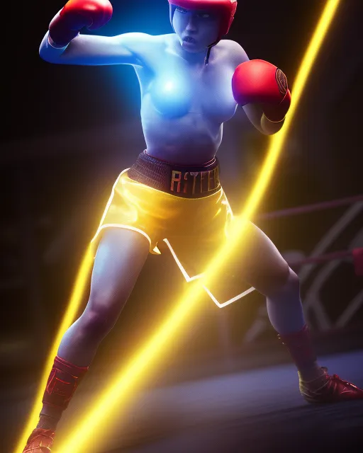 Boxe fighter with electric energy, ready to fight, sports, 3D animation, hyperrealism, thunderbolts lighting, yellow eletricity, yellow neon, people on the background, Central shot, defined light source, studio lighting, colorful, intense emotion, cinematic masterpiece