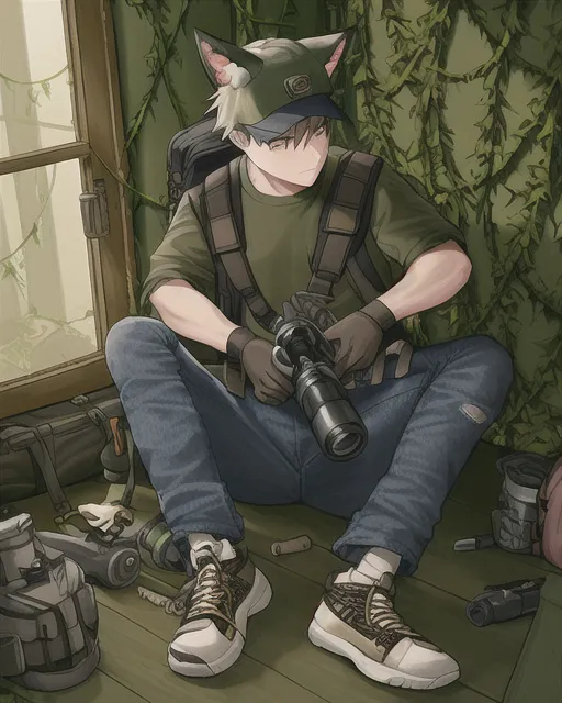 A fox man in a military shirt and gloves with baggy jeans on and sneakers on and wearing a school backpack trying to fix a old flashlight alone in a house covered in vines and plants