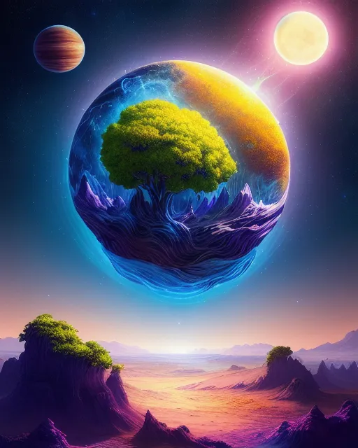 Plant of creation above an exotic planet, , digital painting,  digital art,  4k,  ultra hd,  detailed,  vibrant,  sharp focus,  wlop,  unreal engine, beautiful fantasy landscape,  realistic and natural,  cosmic sky,  detailed full-color,  nature,  hd photography,  realistic surrealism,  elements by nasa,  magical,  detailed,  gloss,  hyperrealism