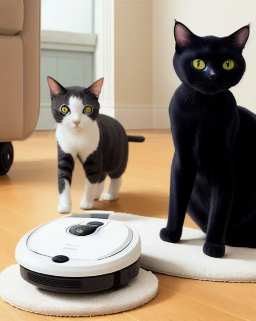 Cats taking riding ROOMBAS while - Free AI Photo Generator - starryai