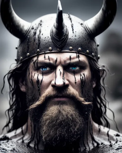 Close-up of Viking King emerging from wet black mud :: Dark metal helmet with two large black horns on the sides of the helmet :: dark warpaint :: scruffy black beard :: angry expression :: scar on face :: Viking Axe :: cinematic lighting, volumetric rays, moody, wet, dripping mud --ar 2:3 --beta --upbeta