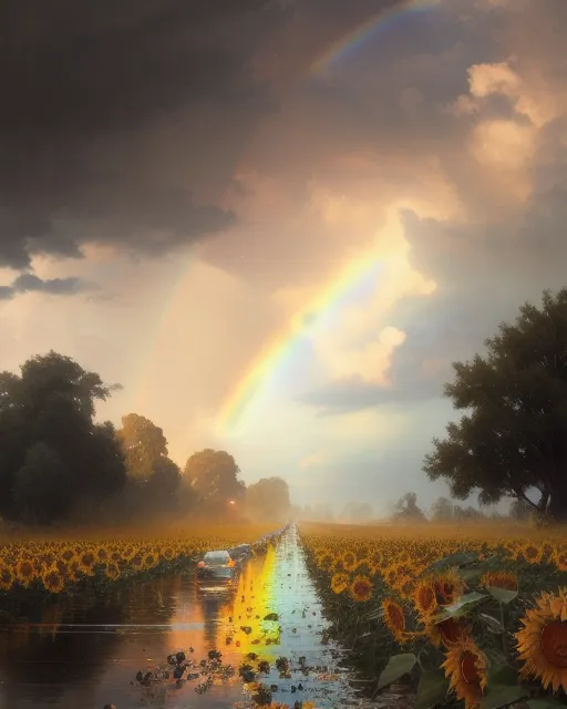Rain ending at dawn a rainbow - Free AI Photo Generator - starryai