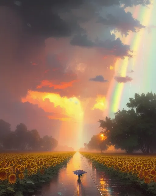 Rain ending at dawn a rainbow - Free AI Photo Generator - starryai