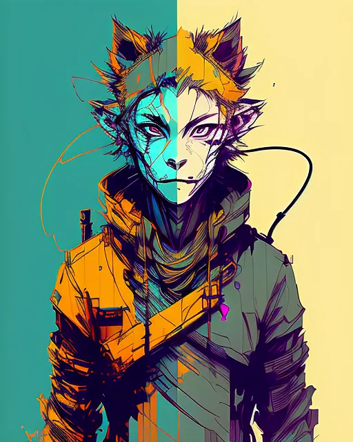 monkey king, cyber punk, red fur , yellow eyes, electric iron staff