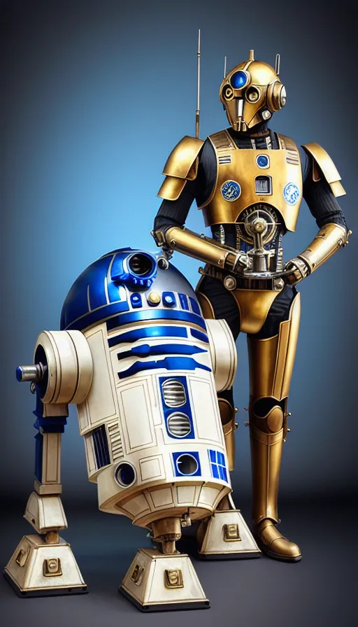 Steampunk R2D2 C-3P0 - AI Photo Generator - starryai