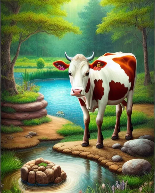 Earthen cow, miss, rock, pond, magical forest, fantasy art