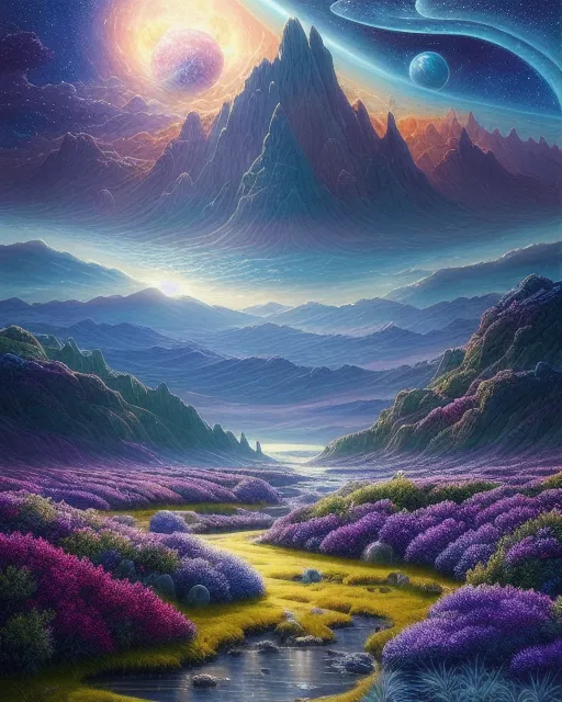 The gathering, , beautiful fantasy landscape,  realistic and natural,  cosmic sky,  detailed full-color,  nature,  hd photography,  fantasy by john stephens,  galen rowell,  david muench,  james mccarthy,  hirō isono,  realistic surrealism,  elements by nasa,  magical,  detailed,  alien plants,  gloss,  hyperrealism, fantasy art, concept art, bismuth, polished