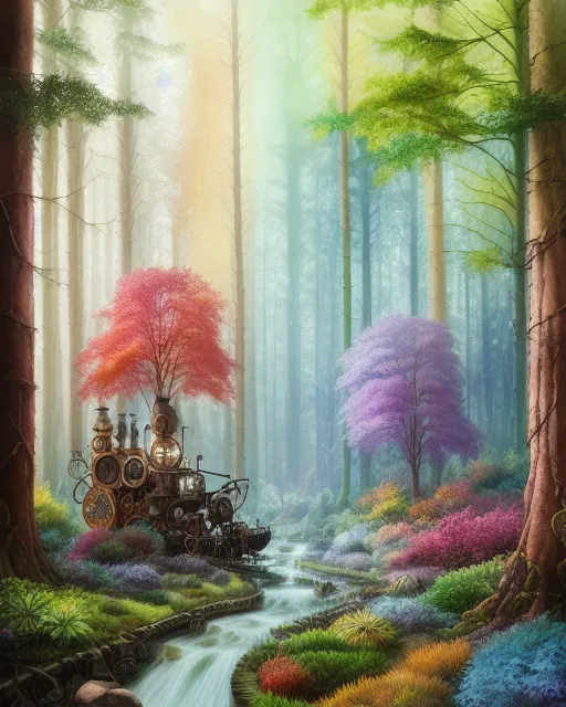 HyperRealistic  magical steampunk forest, national geographics, rainbow features, watercolor, sharp focus, clay, smooth, photorealistic, masterpeice, best quality,  extra detailed, digital painting, hyperrealism, 8k, ultra hd, polished, fantasy by john stephens,  galen rowell,  david muench,  james mccarthy,  hirō isono, hyperdetailed, perfect composition, intricate, award winning, volumetric light, atmospheric, photorealistic, artstation, octane render, magical, gloss, dramatic lighting, amazing depth expansive concept art, unreal render
