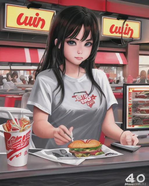 Yui Hirasawa eating a burger, K-ON! anime art | Stable Diffusion