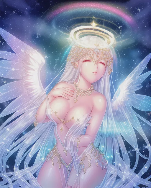 Angelic fantasy, glamour, shimmer, cherubs, precious, crystals, pearls, illuminated, glowing, halo, rainbow, oceanic, ethereal, big angel wings, celestial Eutopia 