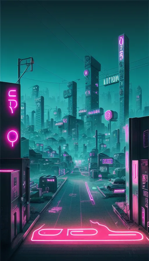 Dystopian futuristic city suburbs with neon signs