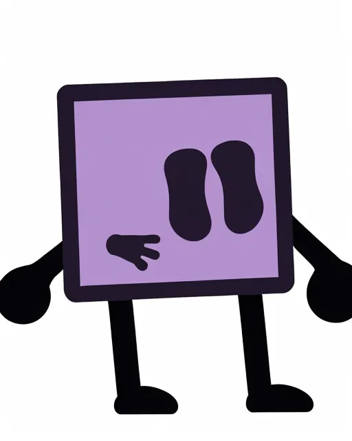 A purple square with black arms and legs