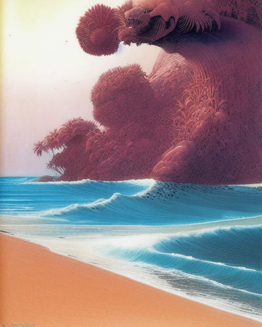 Tropical planet, (((an illustration by Wayne Barlowe))), seascape, beach scape, colorful, epic, close up, fierce, dreamlike, beautiful, detailed, epic sci fi 