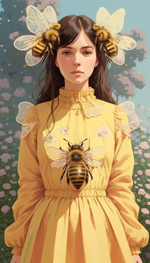 Mdjrny-V4 Style Portrait Of (Honey Bee), beautiful puffy dress, huge flowers in the background, Intricate, Highly Detailed, Digital Painting, Artstation, Concept Art, Smooth, Sharp Focus, Illustration, Art By Artgerm And Greg Rutkowski And Alphonse Mucha