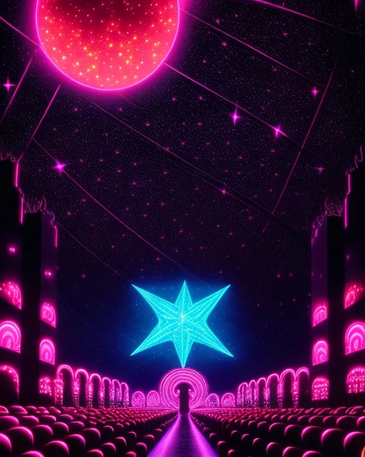 Neon God.                                                             hyperdetailed, beautiful, radiant, ostentatious, vibrant, vivid, furry, fabric, Panos Cosmatos, night, stars, 1980s, cryengine, 8K