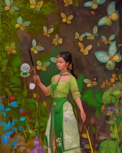 walking in a garden full of yellow butterflies, beautiful clear detailed face, dark Tan skinned person, walking with a decorated wand staff in hand, intricate jade jewel hair pin, highlighted brunette hair, red details intricate clothing, in the style of Ferdinand hodler painting, lots of colorful neutral foliage and water, neutrals, may green pigment, woodcut carving, Haryana india forest in background, malachite stones, mysterious, expansive, whimsical, vapor, constructivist,  realism