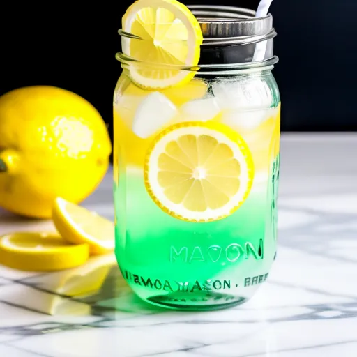 mason jar sitting on a marble countertop full  of lemonade with a striped yellow straw, ice and a lemon