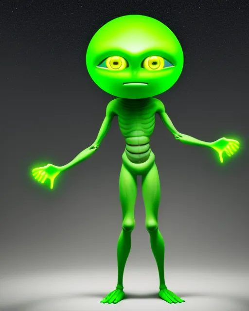 10 foot tall ultra skinny human alien with greenish grey skin, big neon eyes with eyelashes, large round head, and large mouth. Legs bent to the sides.