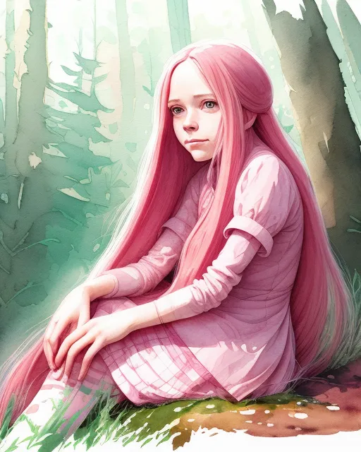 Girl pink long hair sitting - Free AI Photo Generator - starryai