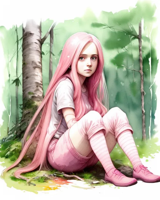 Girl pink long hair sitting - Free AI Photo Generator - starryai